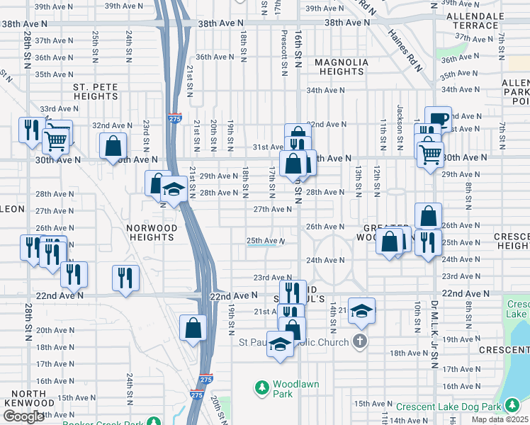 map of restaurants, bars, coffee shops, grocery stores, and more near 1744 27th Avenue North in St. Petersburg