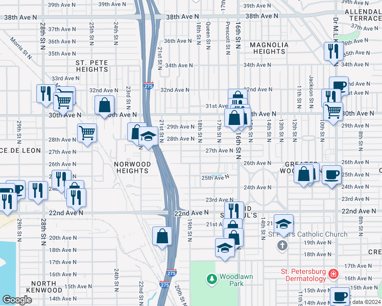 map of restaurants, bars, coffee shops, grocery stores, and more near 1832 27th Avenue North in St. Petersburg