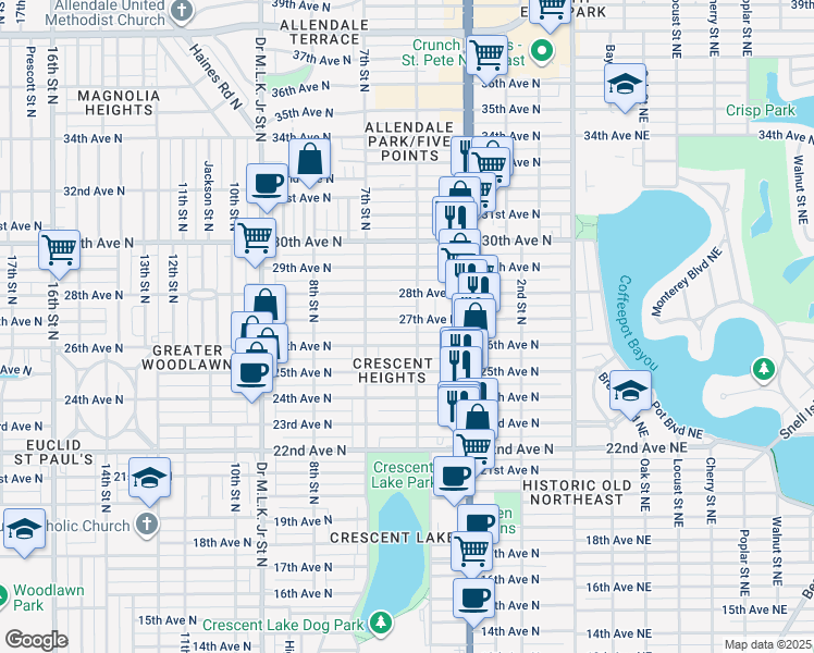 map of restaurants, bars, coffee shops, grocery stores, and more near 516 27th Avenue North in St. Petersburg