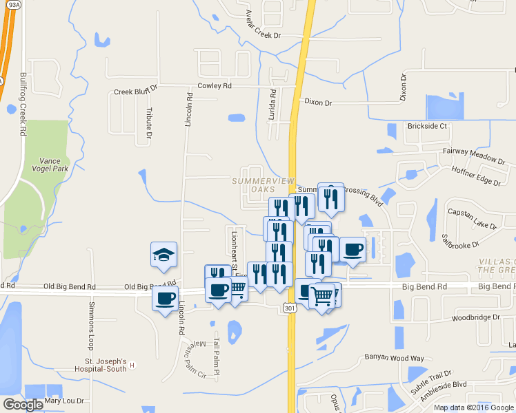 map of restaurants, bars, coffee shops, grocery stores, and more near 10407 Summerview Circle in Riverview