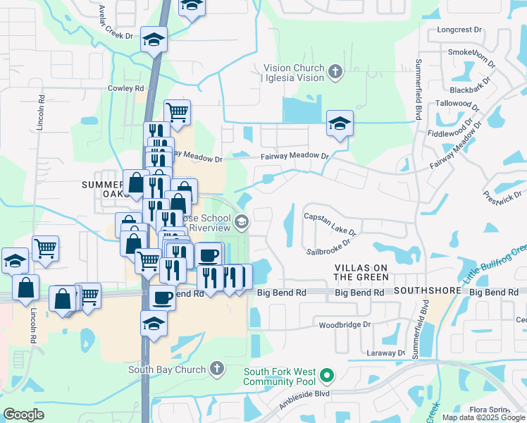 map of restaurants, bars, coffee shops, grocery stores, and more near 12953 Fennway Ridge Drive in Riverview