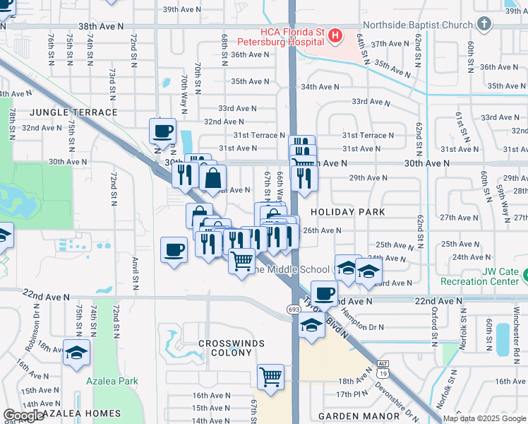 map of restaurants, bars, coffee shops, grocery stores, and more near 6737 28th Avenue North in St. Petersburg