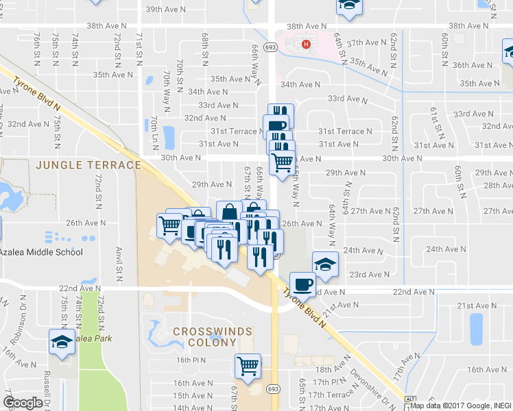 map of restaurants, bars, coffee shops, grocery stores, and more near 2700 66th Way North in St. Petersburg