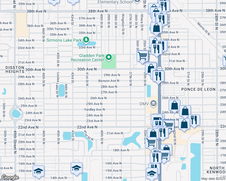 map of restaurants, bars, coffee shops, grocery stores, and more near 3833 27th Avenue North in Saint Petersburg