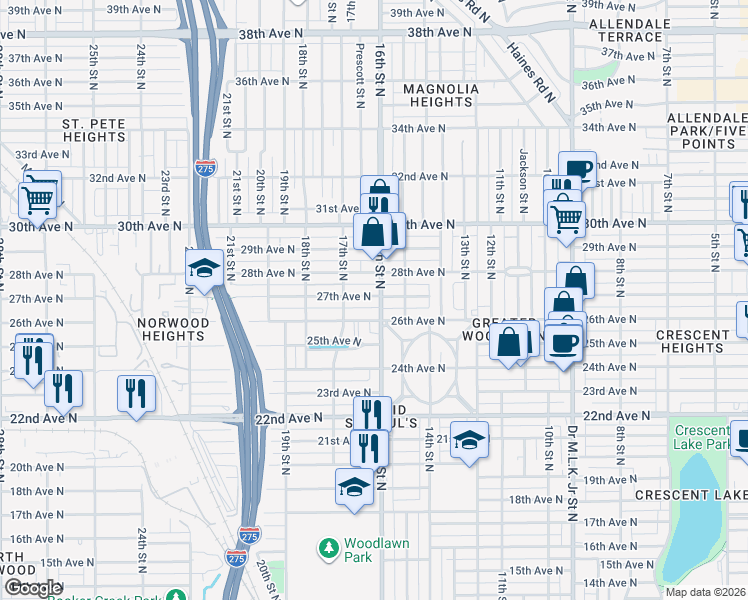 map of restaurants, bars, coffee shops, grocery stores, and more near 1528 27th Avenue North in St. Petersburg