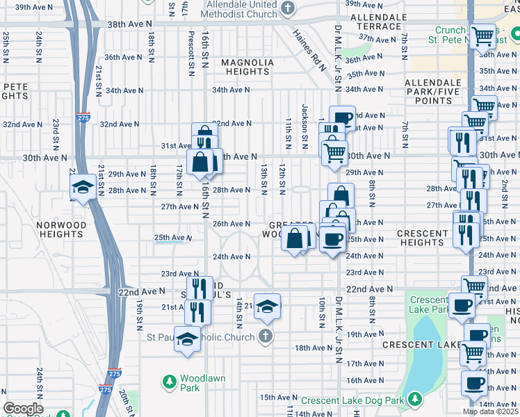 map of restaurants, bars, coffee shops, grocery stores, and more near 2636 13th Street North in Saint Petersburg