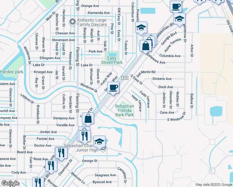 map of restaurants, bars, coffee shops, grocery stores, and more near 649 Sebastian Boulevard in Sebastian