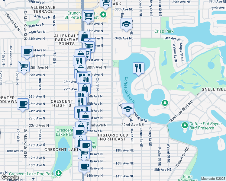 map of restaurants, bars, coffee shops, grocery stores, and more near 120 27th Avenue North in St. Petersburg