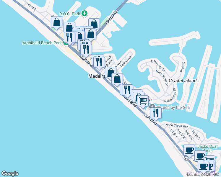 map of restaurants, bars, coffee shops, grocery stores, and more near 14308 Gulf Boulevard in Madeira Beach