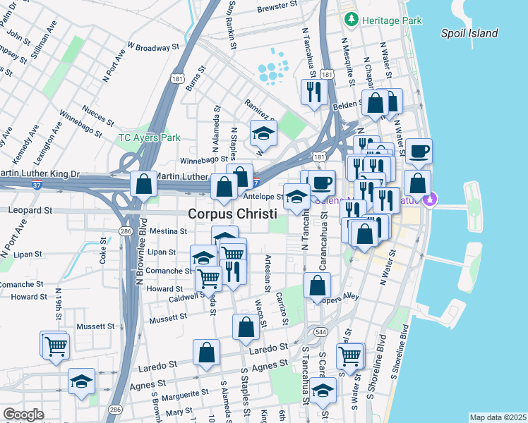 map of restaurants, bars, coffee shops, grocery stores, and more near 1002 Leopard Street in Corpus Christi