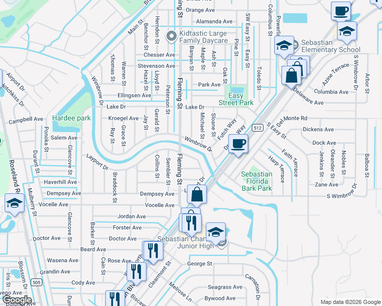 map of restaurants, bars, coffee shops, grocery stores, and more near 574 Layport Drive in Sebastian