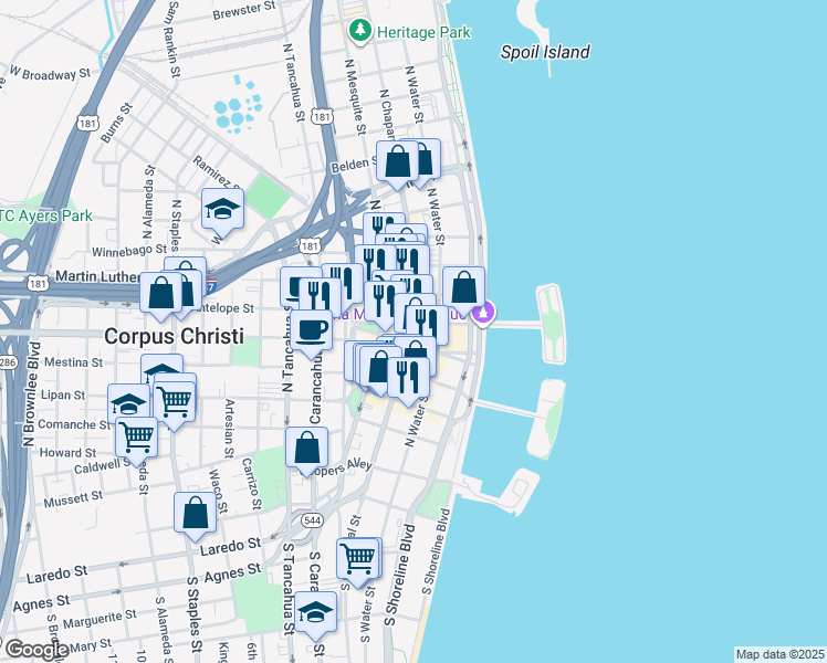 map of restaurants, bars, coffee shops, grocery stores, and more near 510 North Chaparral Street in Corpus Christi