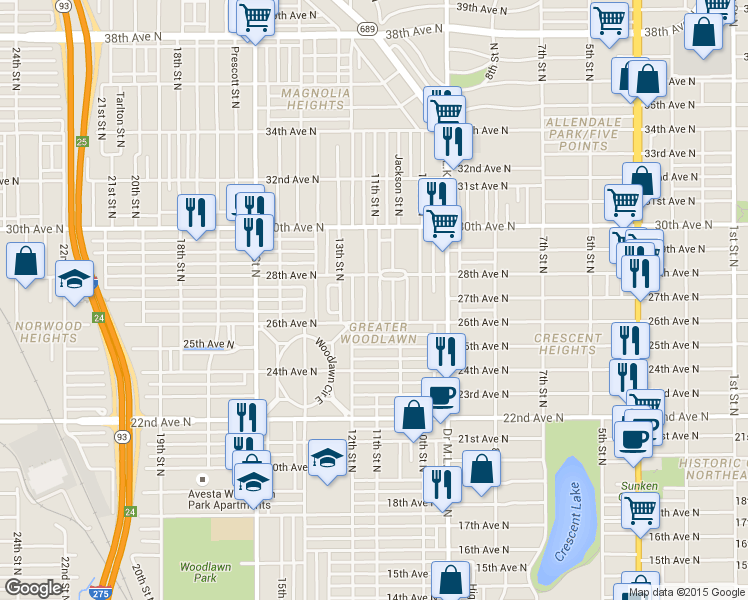 map of restaurants, bars, coffee shops, grocery stores, and more near 2641 12th Street North in St. Petersburg