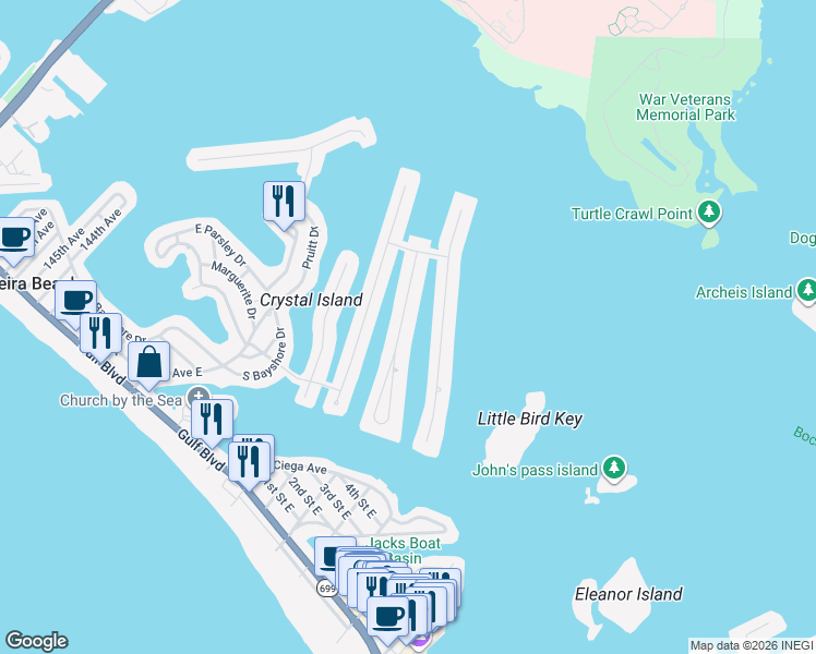 map of restaurants, bars, coffee shops, grocery stores, and more near 547 Lillian Drive in Madeira Beach