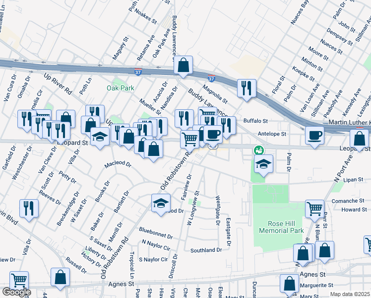 map of restaurants, bars, coffee shops, grocery stores, and more near 627 Old Robstown Road in Corpus Christi