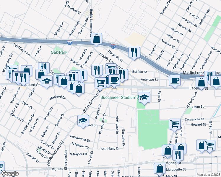 map of restaurants, bars, coffee shops, grocery stores, and more near 3401 Leopard Street in Corpus Christi
