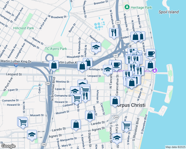 map of restaurants, bars, coffee shops, grocery stores, and more near 1002 Leopard Street in Corpus Christi