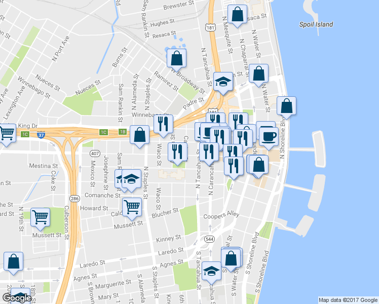 map of restaurants, bars, coffee shops, grocery stores, and more near 822 Leopard Street in Corpus Christi