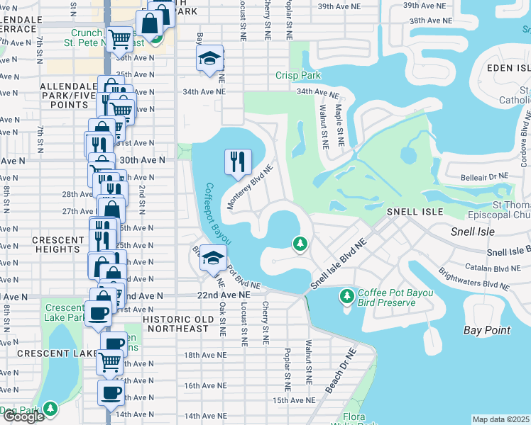 map of restaurants, bars, coffee shops, grocery stores, and more near 908 Monterey Boulevard Northeast in St. Petersburg