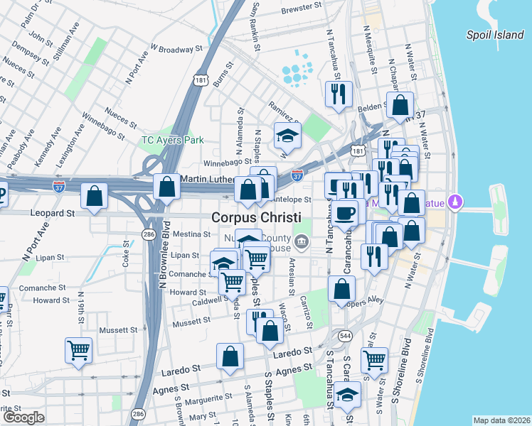 map of restaurants, bars, coffee shops, grocery stores, and more near in Corpus Christi