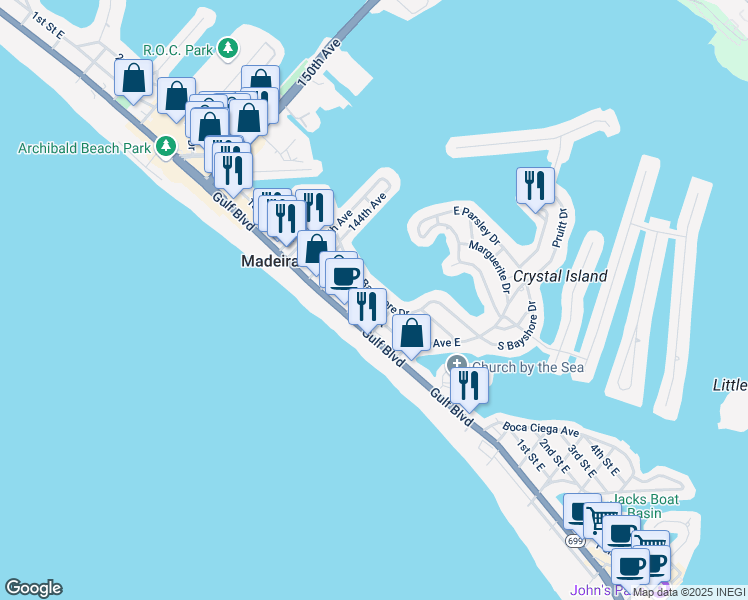 map of restaurants, bars, coffee shops, grocery stores, and more near 14145 Palm Street in Madeira Beach