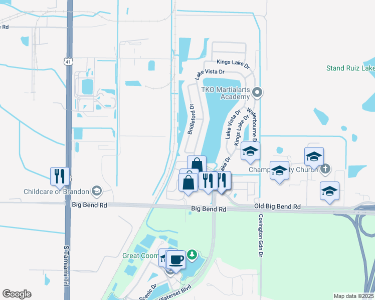 map of restaurants, bars, coffee shops, grocery stores, and more near 13042 Bridleford Drive in Gibsonton