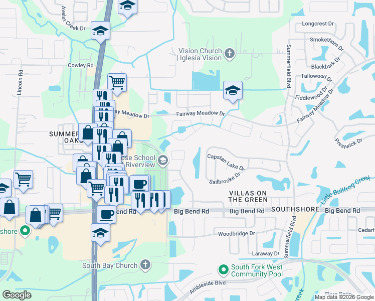 map of restaurants, bars, coffee shops, grocery stores, and more near 12953 Fennway Ridge Drive in Riverview