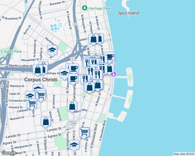 map of restaurants, bars, coffee shops, grocery stores, and more near 520 North Chaparral Street in Corpus Christi
