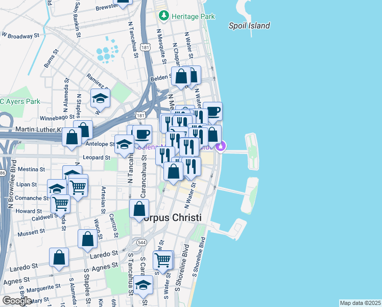 map of restaurants, bars, coffee shops, grocery stores, and more near 317 Peoples Street in Corpus Christi