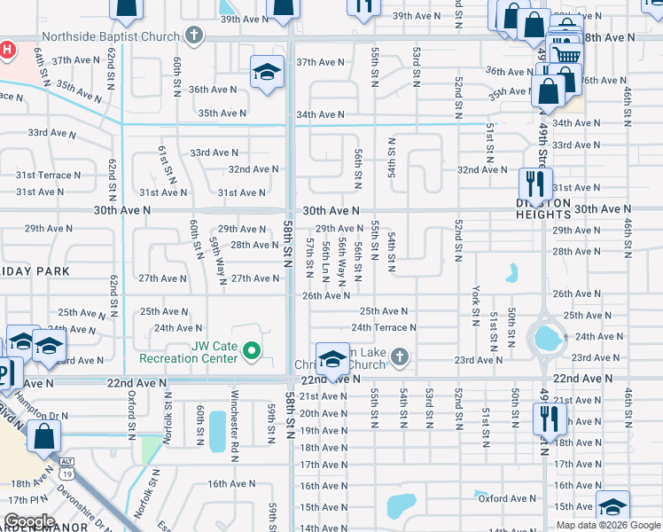 map of restaurants, bars, coffee shops, grocery stores, and more near 2700 56th Way North in St. Petersburg