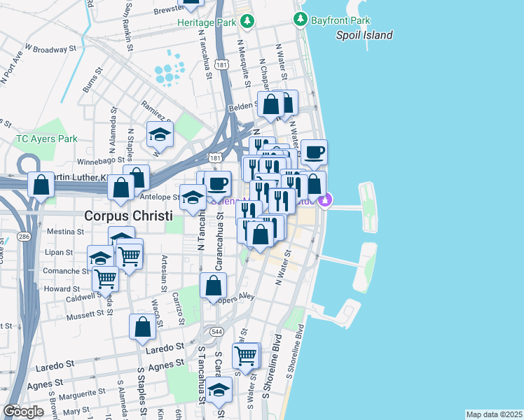 map of restaurants, bars, coffee shops, grocery stores, and more near 506 North Mesquite Street in Corpus Christi