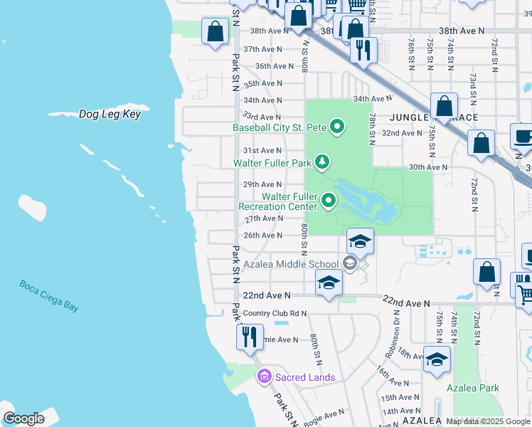 map of restaurants, bars, coffee shops, grocery stores, and more near 8069 27th Avenue North in St. Petersburg