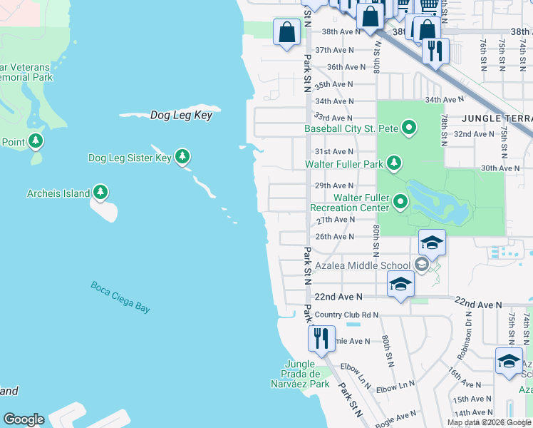 map of restaurants, bars, coffee shops, grocery stores, and more near 8298 27th Avenue North in St. Petersburg