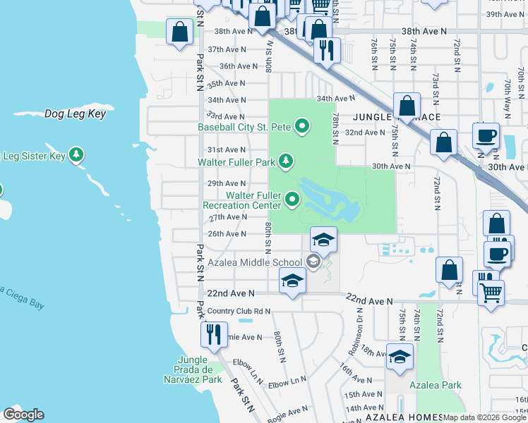 map of restaurants, bars, coffee shops, grocery stores, and more near 8027 27th Avenue North in St. Petersburg