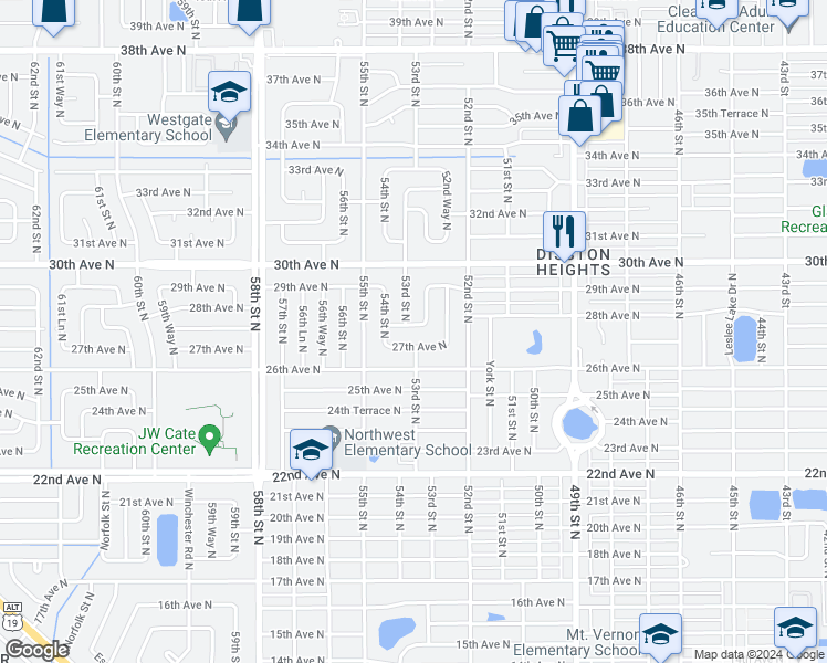 map of restaurants, bars, coffee shops, grocery stores, and more near 5365 27th Avenue North in St. Petersburg