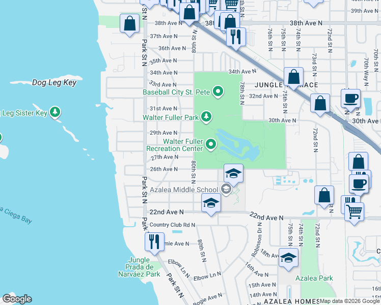 map of restaurants, bars, coffee shops, grocery stores, and more near 8027 27th Avenue North in St. Petersburg
