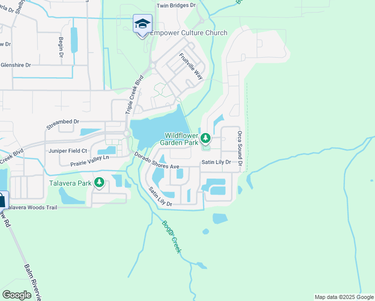 map of restaurants, bars, coffee shops, grocery stores, and more near 12820 Satin Lily Drive in Riverview