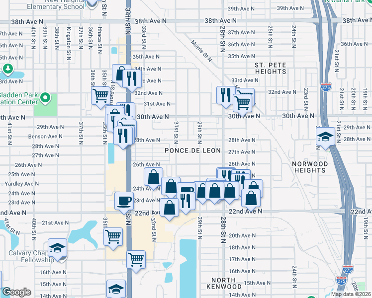 map of restaurants, bars, coffee shops, grocery stores, and more near 3001 27th Avenue North in Saint Petersburg