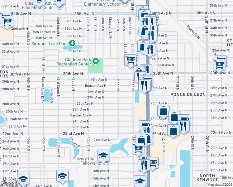 map of restaurants, bars, coffee shops, grocery stores, and more near 2780 37th Street North in St. Petersburg
