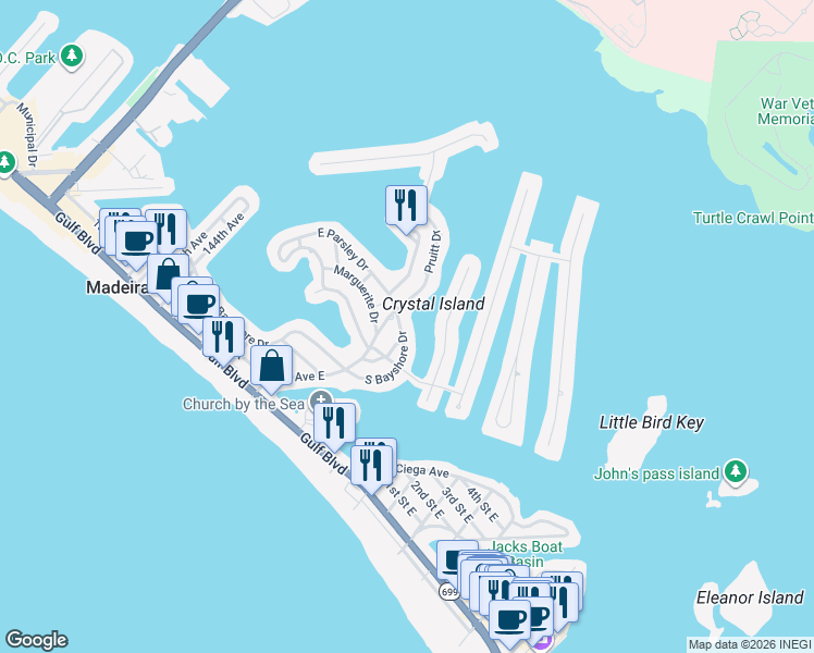 map of restaurants, bars, coffee shops, grocery stores, and more near 599 South Bayshore Drive in Madeira Beach