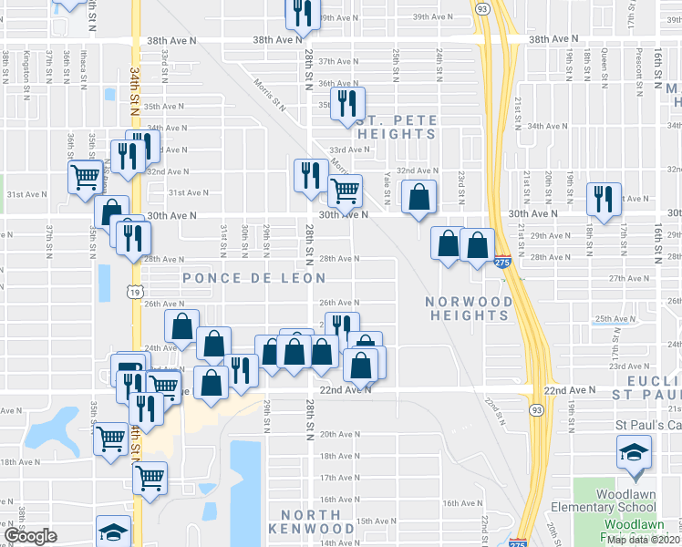 map of restaurants, bars, coffee shops, grocery stores, and more near 2627 27th Avenue North in St. Petersburg