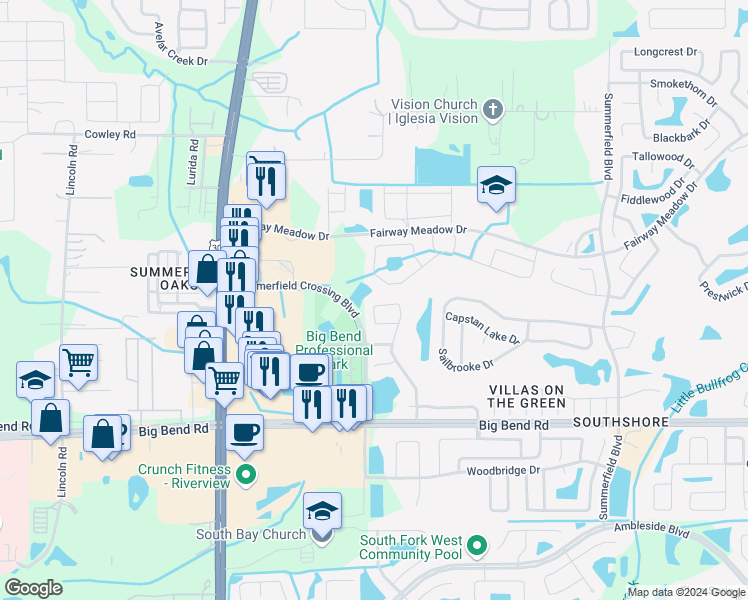 map of restaurants, bars, coffee shops, grocery stores, and more near 12938 Fennway Ridge Drive in Riverview