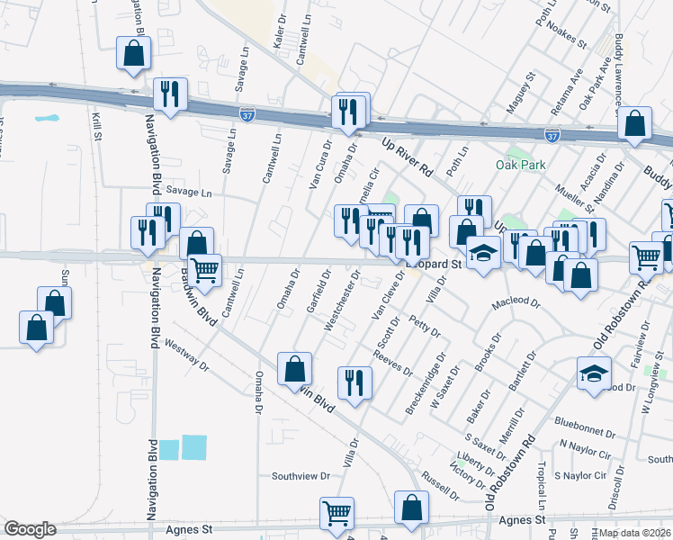 map of restaurants, bars, coffee shops, grocery stores, and more near 4425 Leopard Street in Corpus Christi