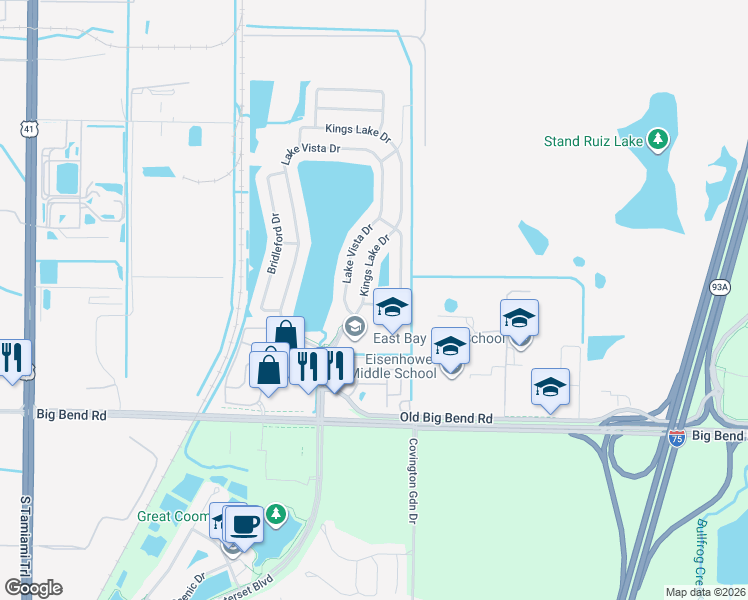 map of restaurants, bars, coffee shops, grocery stores, and more near 13059 Waterbourne Drive in Gibsonton