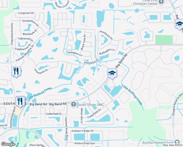 map of restaurants, bars, coffee shops, grocery stores, and more near 13006 Avalon Crest Court in Riverview