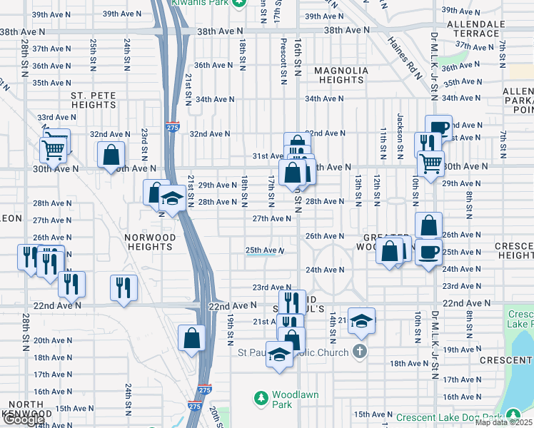 map of restaurants, bars, coffee shops, grocery stores, and more near 1744 27th Avenue North in St. Petersburg