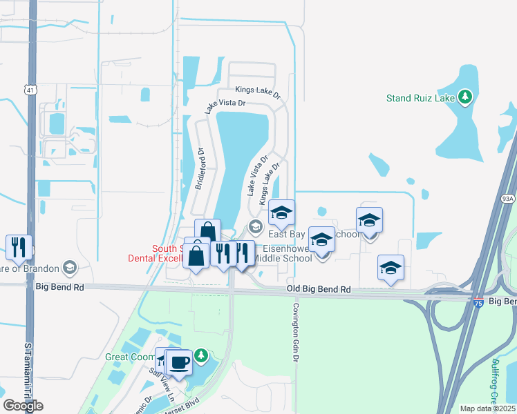 map of restaurants, bars, coffee shops, grocery stores, and more near 12941 Kings Lake Drive in Gibsonton