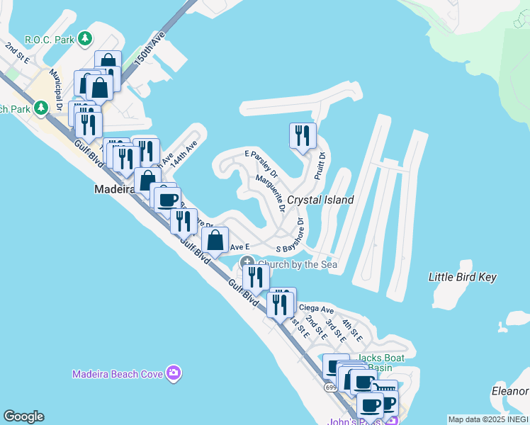map of restaurants, bars, coffee shops, grocery stores, and more near 14016 West Parsley Drive in Madeira Beach
