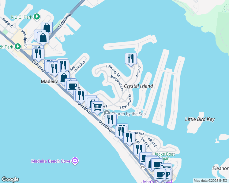 map of restaurants, bars, coffee shops, grocery stores, and more near 14016 West Parsley Drive in Madeira Beach
