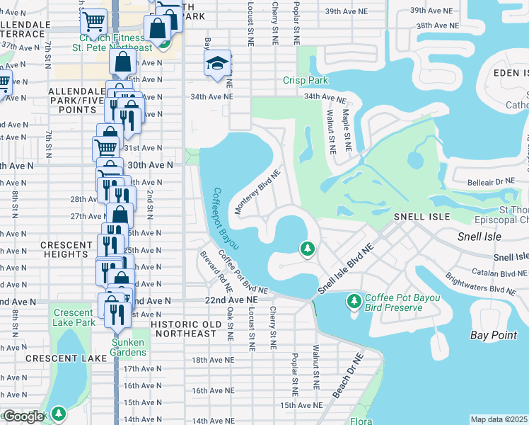 map of restaurants, bars, coffee shops, grocery stores, and more near 908 Monterey Boulevard Northeast in St. Petersburg